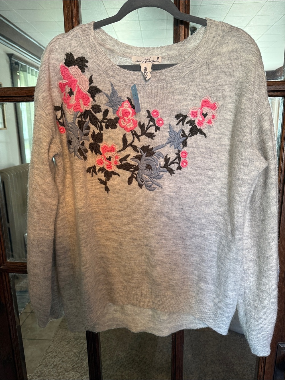 H&M LOGG Women Light Grey Floral Embroidered Wool Blend Sweater Sm Cottagecore